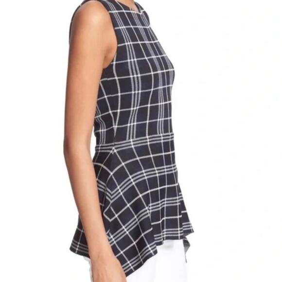 Theory Kalora Peplum Top Knit Plaid Sleeveless Blue Black P/00 Office Wear - Picture 2 of 10